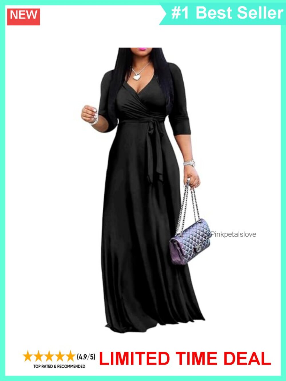 Plus Size Maxi Wrap Dress V-Neck 3/4 Sleeve Belted Sundress